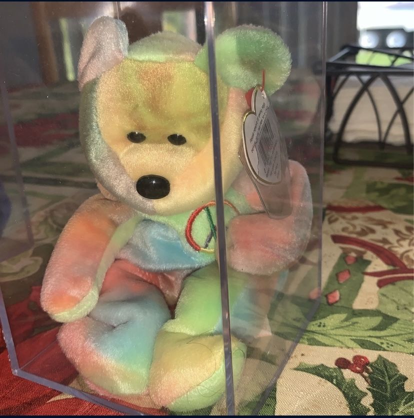 Vintage Original 1996 Ty Beanie Baby Tye Dye Peace Bear in Plastic Protector Case