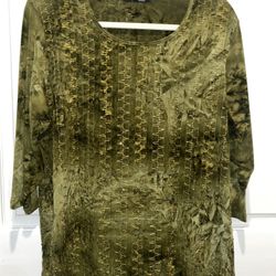 Beautiful Olive Green Top Has Embroidery & Subtle Sequence Size 2X