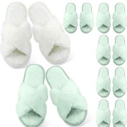 7 Pairs Sage Green Blue Bridesmaid Slippers Women's Cross Band Fuzzy Bridal Party Slippers Bachelorette Gifts for Wedding Bridal Shower Party