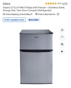 Galanz 3.1 Cu Ft Stainless Steel Mini Fridge with Freezer, a two-door compact refrigerator featuring a reversible door and a mechanical thermostat