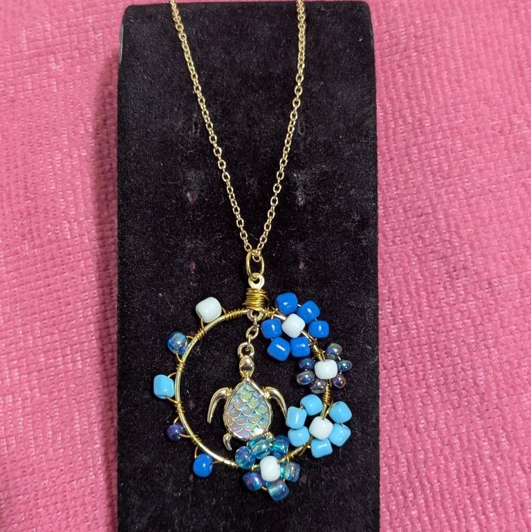 Handmade Turtle & Flower Hoop Necklace – 16” Dangle Beaded Pendant