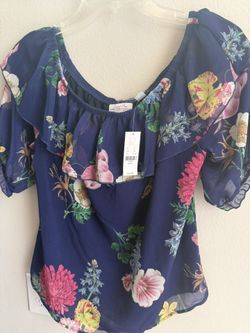 NWT Sweet Pea By Stacy Frati  Womens Off Shoulder Floral Navy Top Size S Lined