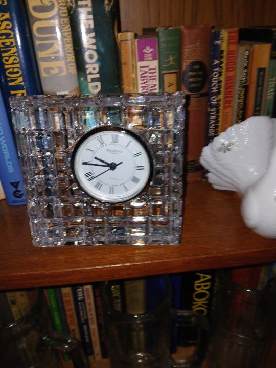 Vintage 1970s Waterford Crystal Dresser Desk Clock Roman Numerals Square Cut