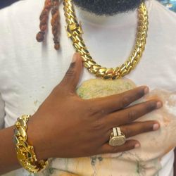 ‼️👑Set Chain & Bracelet 20mm Miami Cuban Link Yellow Gold Plated Chain Necklace 18k & 14k Crab Old School Regular Lock