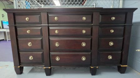 Dark Wood 12-Drawer Dresser with Brass Knobs