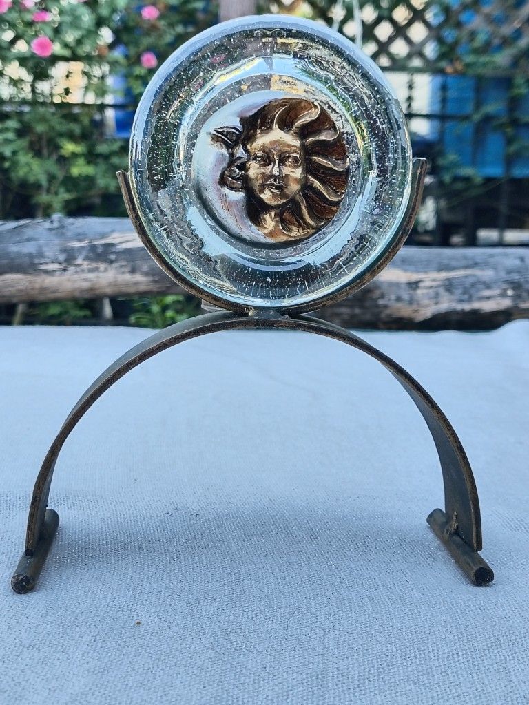 Vintage 7 5/8" Celestial Sun Moon Thick Glass Metal Candle Holder