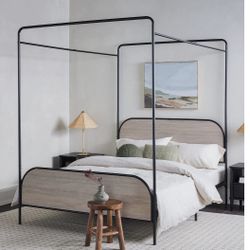Metro Modern Metal and Wood Canopy Queen Bedframe