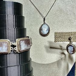 FREE SHIPPING! Vintage Cameo 800 Silver “7 Days Of The Week” Bracelet/Earrings/Necklace Lot#336