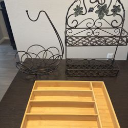 Wood Cutlery Tray, Metal Wire Fruit Bowl, & Metal Wire Spice Rack 