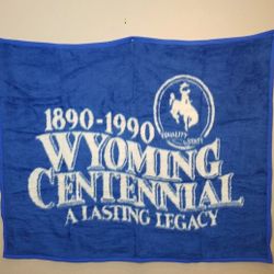 Biederlack Blanket Throw 60 x 50 Blue White Wyoming Centennial 1990 USA Vintage