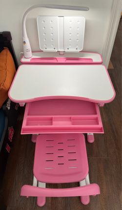 Kids Desk and Chair Set, Ergonomic Height Adjustable Kids Desk with Tiltable Desktop, LED Light & Pull-Out Drawer, Kids Drawing Table Study Desk for K