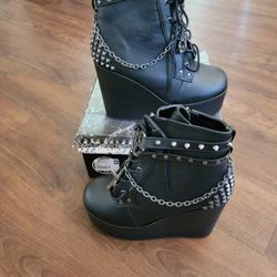 Demonia Craft Studded Wedge Boot (Black Vegan Leather)- Size 9 Women