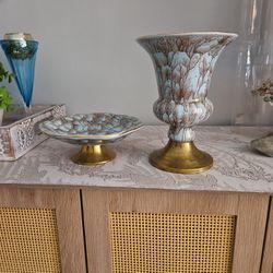 Holand VTG  Hand PAINTED Delfware Brass. Ceramic Vase Set.