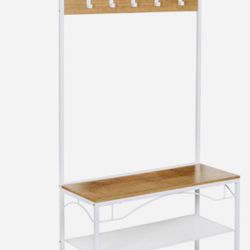 New Whire Natural Hall Tree with Shoe Storage Bench, Hooks, and Top Shelf Organizer Rack