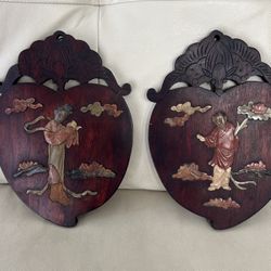 Vintage Chinese Wood Panel Stone Inlay Art 