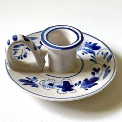 Delft Blue White Hand Painted Porcelain Chamber Candle Holder