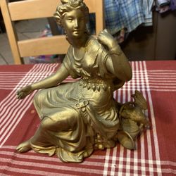 Antique Classic Gilted Metal Portrait Sculpture, Grecian Woman with horn and pheasant, Circa 1890 Ansonia Clock Topper