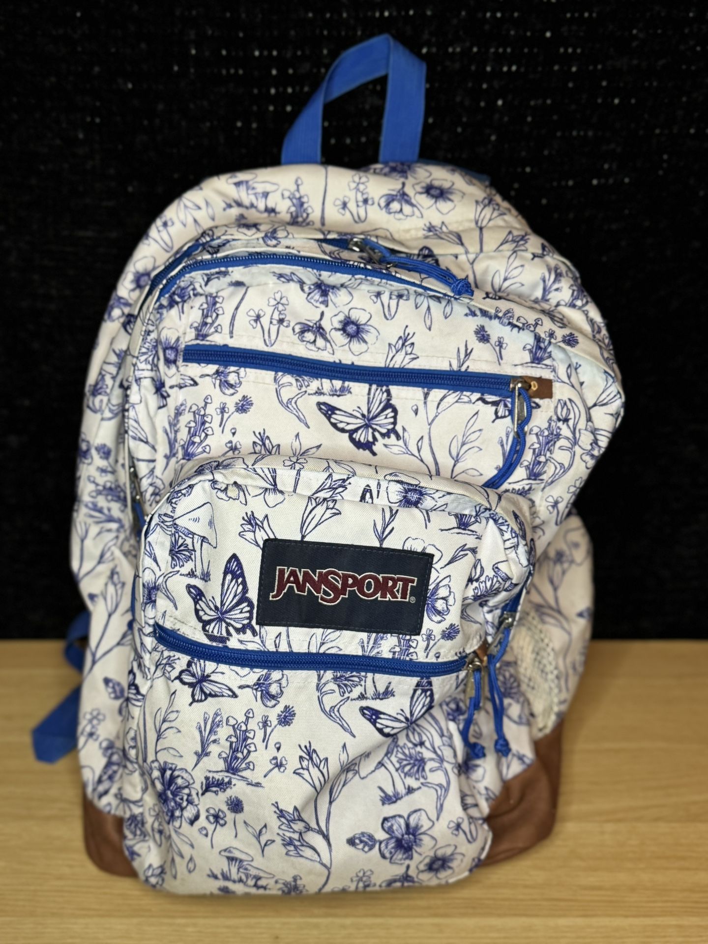 JanSport Backpack Blue Floral Mushroom Botanical Print White Cottage Core