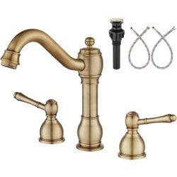 8 Inch Widespread Bathroom Sink Faucet 3 Hole Deck Mount Vanity Basin Mixer Tap with Pop Up Drain Assembly Antique Brass Double Lever Handle
