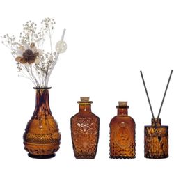 Vintage Style Embossed Amber Glass Flower Bud Vases, Set of 4