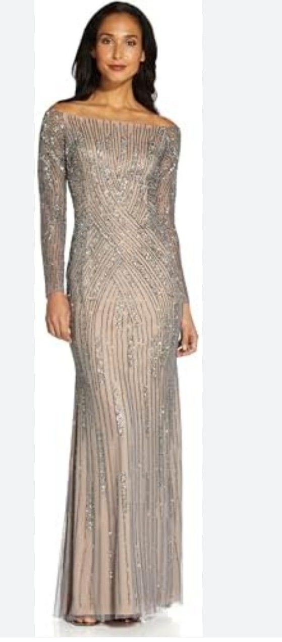 Adrianna Papell Womens Gray Beaded Off The Shoulder Evening Dress 6 BHFO  4631