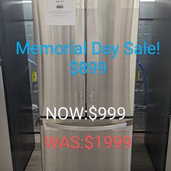 Memorial Day Sale! 22cu French Door Refrigerator with Bottom Freezer Ice Maker. -$100 off Regular Price