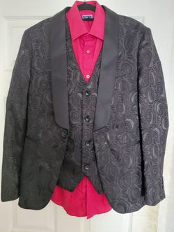 Men’s 3-Piece Black Rose Pattern Tuxedo Suit + Red Shirt Set