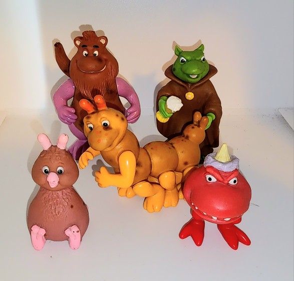 Vintage 1986 Teddy Ruxpin PVC figures, Grubby, Bounder, Wooly Whats it, Tweeg and Fob