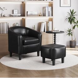 Accent Chair with Ottoman Set, Modern Faux Leather Upholstered Soft Barrel Chair and Footrest, Club Armchair and Footstool for Living Room/Bedroom/Rea