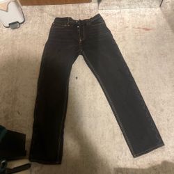 EVISU black cotton jeans with white curved panels on the back, size 33x34