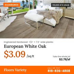 White Oak Engineered Hardwood Flooring 7.5" - $3.09/sf - 59,000 sf