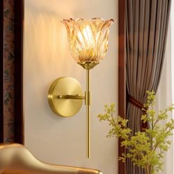 Tulip Petal Glass Wall Sconce Gold Finish, Amber Shade For Bedroom, Bathroom & Living Room