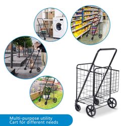 Foldable shopping cart with wheels and double basket for groceries, laundry, book, travel luggage, black