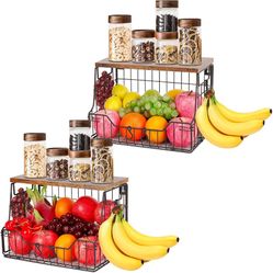 Fruit Basket for Kitchen, Metal Fruit Vegetable Storage Bin with 2 Banana Hangers, Countertop Wire Basket Organizer for Snack Potato Onion, Screw Moun