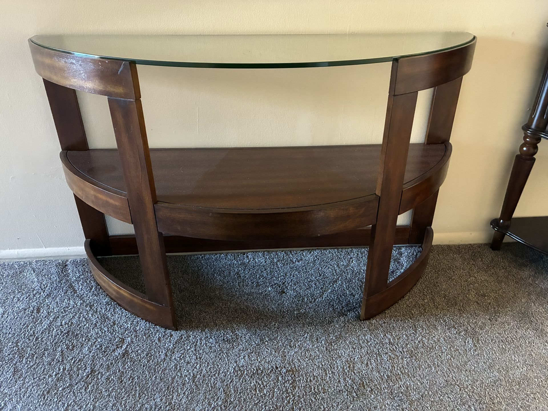 Half Circle Glass And Wood Table For Sale