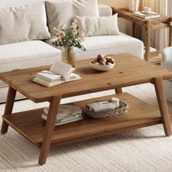 YY0003 47 in. Rectangle Brown Solid Wood Coffee Table with 2-Tier Shelf, Accent Center Cocktail Tea Table