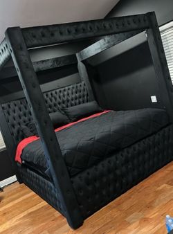Black Canopy Bed Frame Button Tufted 87”H Brand New In Box Firm Price  Queen $599Eastern King $640 Box spring or foundation needed