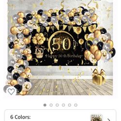 50th Women Men Birthday Decorations - Black and Gold Backdrop Decor with Balloons Set