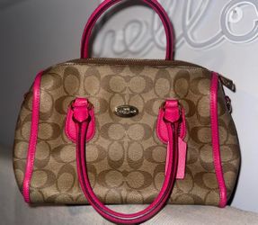 Coach Mini Bennett Satchel in signature canvas with pink leather trim and gold-tone hardware.