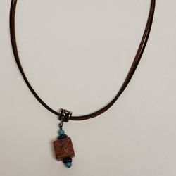 Natural Stone Cube On 925 Sterling Silver Base Pendant On Brown Suede Cord Necklace 