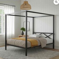 New Open Box Item Queen Canopy Platform Bed Metal Black Mattress Not Included 