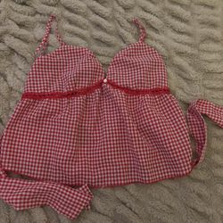 picnic plaid shirt (ties in a bow on the back)