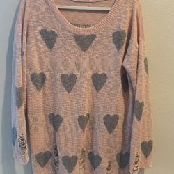 Pink & Gray Heart Sweater oversized distressed look  Sz XL NWOT