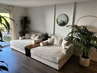 2 Large Cream Chaise Lounge Sofa Chairs with Cup Holders