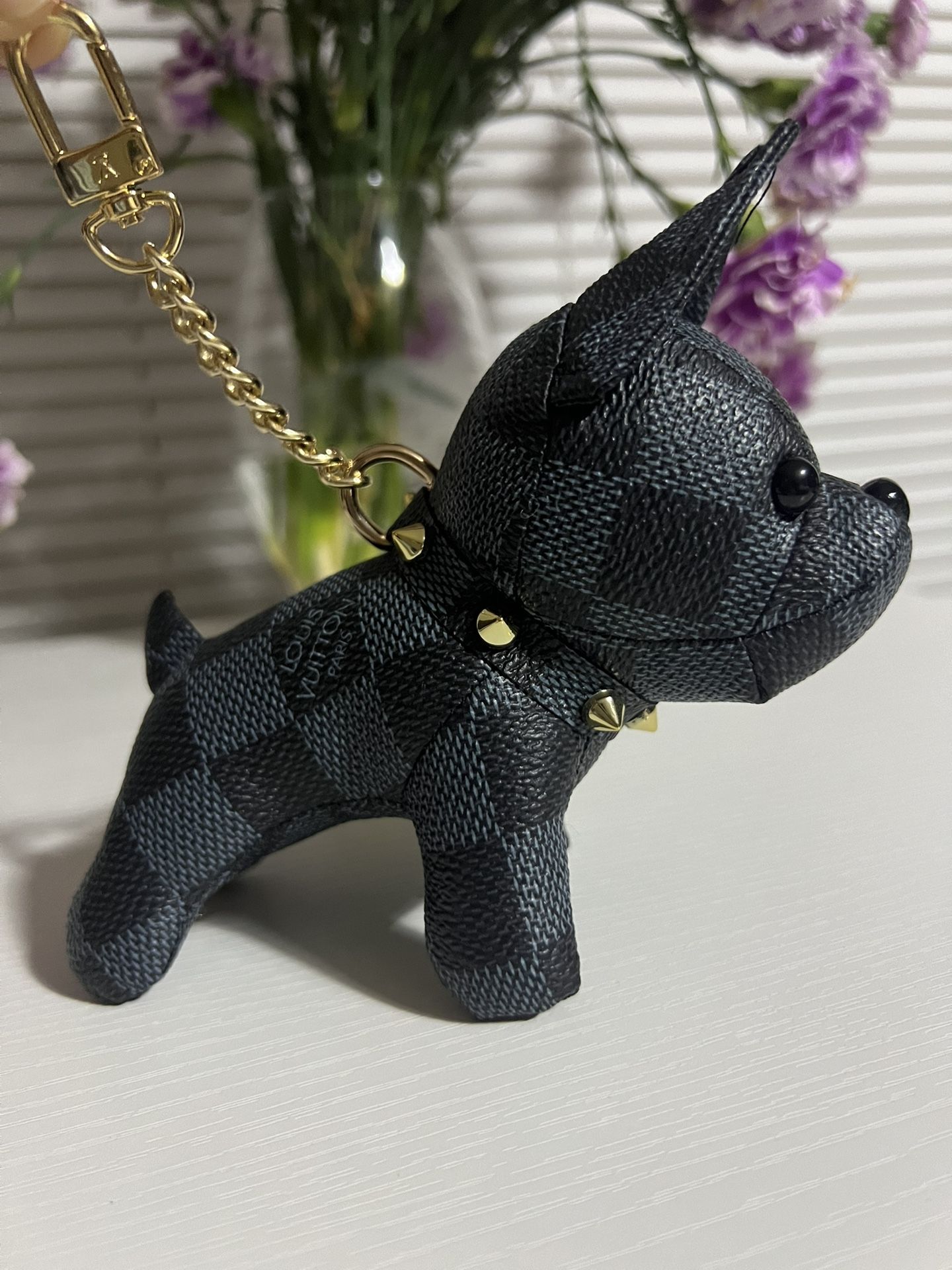 LV Black and Gray Dog Charm Keychain