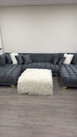Gray Velvet Tufted U-Shape Sectional Sofa