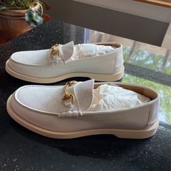 Gucci Men’s Loafer With Hosebit In White Leather & Monogram GG Canvas