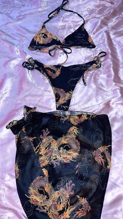 Dragon Print Bikini Set with Sarong