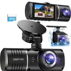 3 Channel Car Camera Front Rear and Inside with 32GB Card, Loop Recording, Night Vision, HDR, G-Sensor