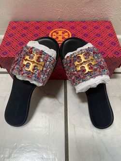 AUTHENTIC/NEW TORY BURCH EVERLY SLIDES IN MULTI TWEED ( SIZE 5)